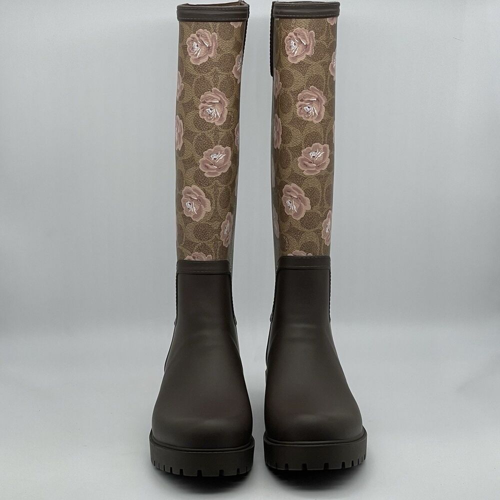 Coach Signature Rubber Rain Boots Tan Women’s 8B Dark Brown Floral Pink Coquette - Picture 5 of 16